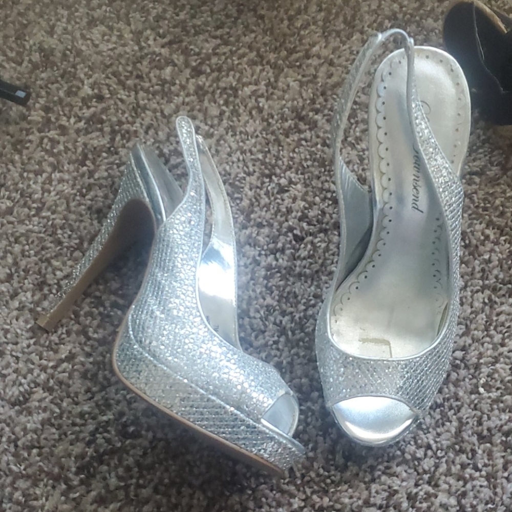 Silver sequin peep toe heels